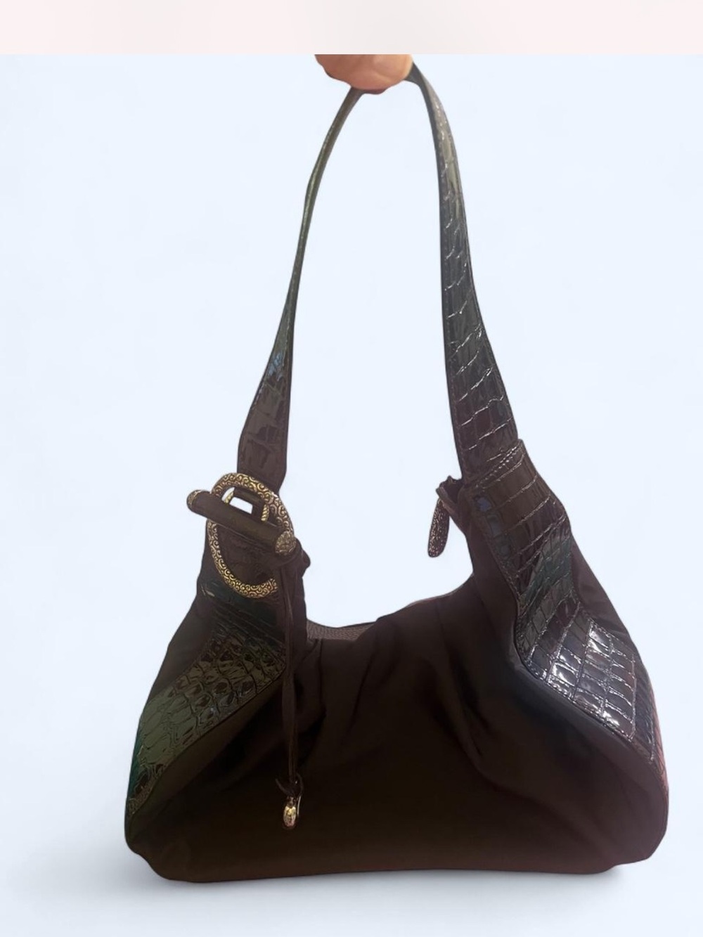 Brighton Chocolate Brown Croc-Texture Shoulder Bag with Buckle Accent